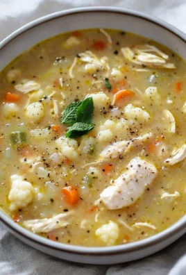 Bowl of anti-inflammatory cauliflower chicken soup with fresh herbs and spices