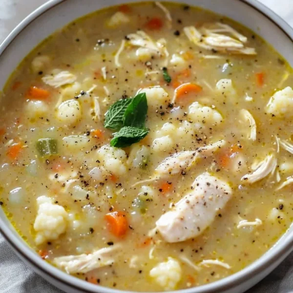 Bowl of anti-inflammatory cauliflower chicken soup with fresh herbs and spices