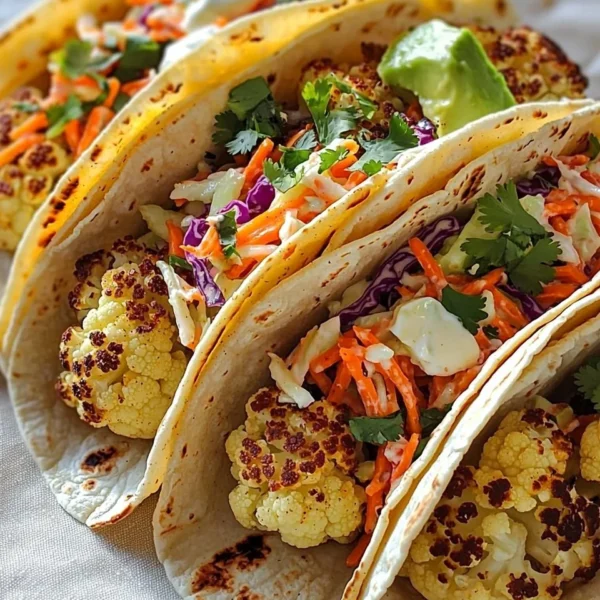 Delicious roasted cauliflower tacos with vibrant slaw topping