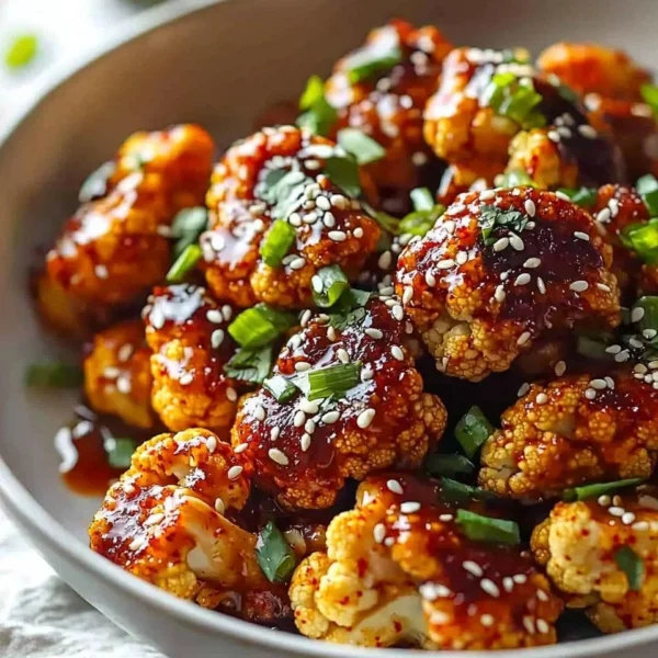 Air-fried Korean chili cauliflower with gochujang sauce on a plate
