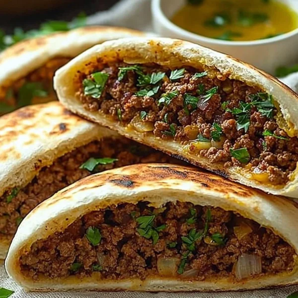 Delicious Arayes Lebanese stuffed pita served on a plate with fresh herbs