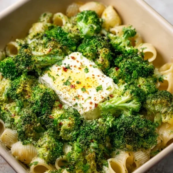 Baked feta pasta with broccoli dish served in a bowl