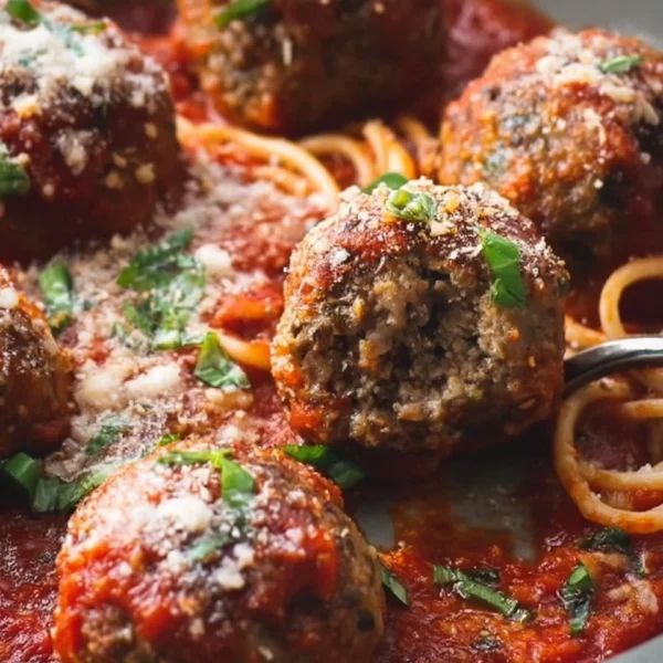 Baked Italian meatballs served in marinara sauce with fresh herbs