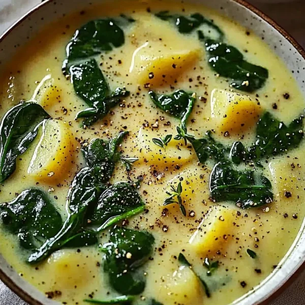 Delicious bowl of creamy spinach potato soup garnished with fresh herbs