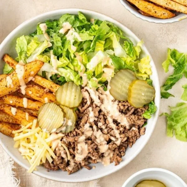 Colorful Burger Bowls with fresh toppings and ingredients