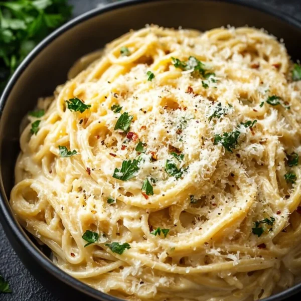 Cheesy Garlic Parmesan Spaghetti served in a bowl with fresh herbs