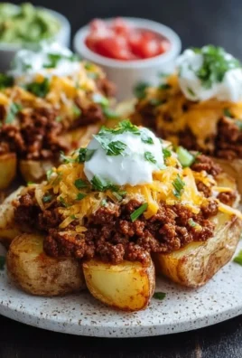 Delicious cheesy taco potatoes garnished with sour cream and cilantro