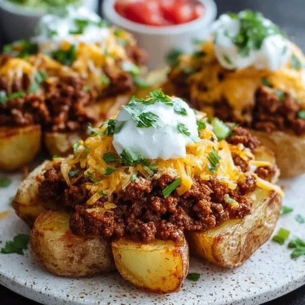 Delicious cheesy taco potatoes garnished with sour cream and cilantro