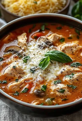 Creamy Chicken Parmesan Soup garnished with basil and cheese in a bowl
