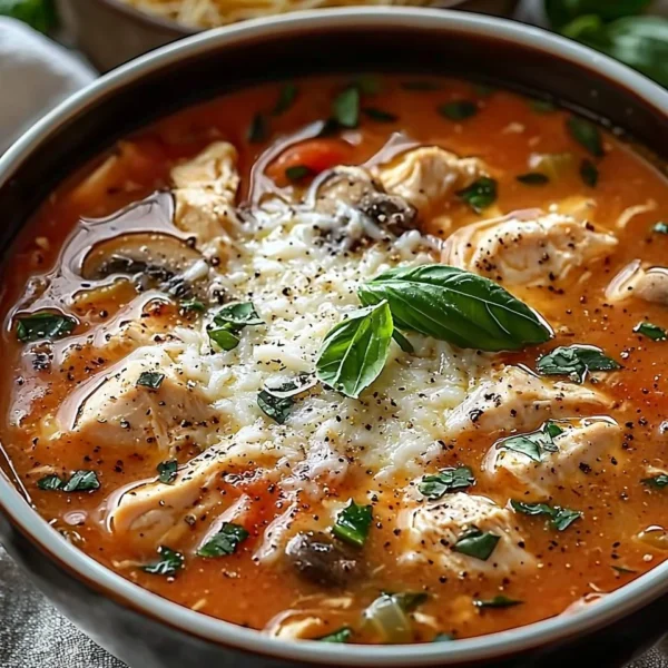 Creamy Chicken Parmesan Soup garnished with basil and cheese in a bowl