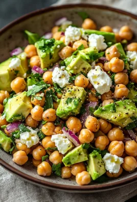 Chickpea feta avocado salad in a bowl, garnished with fresh herbs