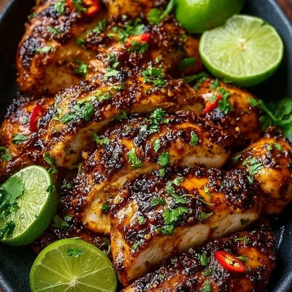Grilled Chili Lime Chicken garnished with fresh cilantro and lime wedges