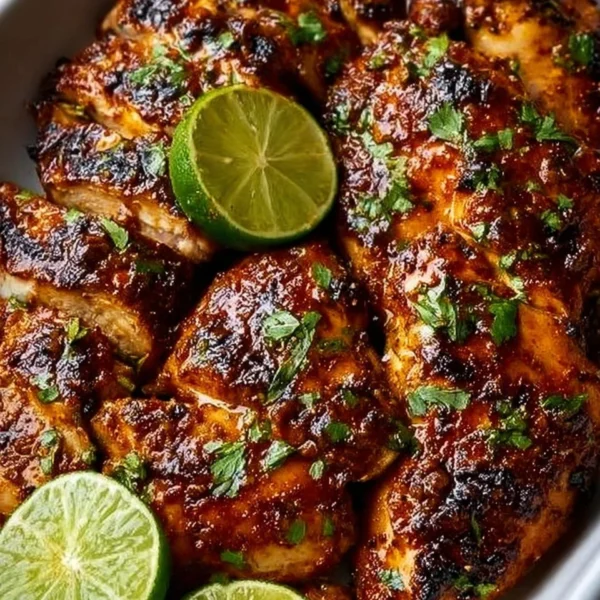 Grilled Chili Lime Chicken garnished with lime wedges and herbs