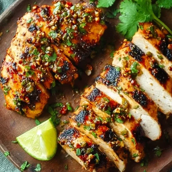 Delicious cilantro lime chicken garnished with fresh cilantro and lime slices.