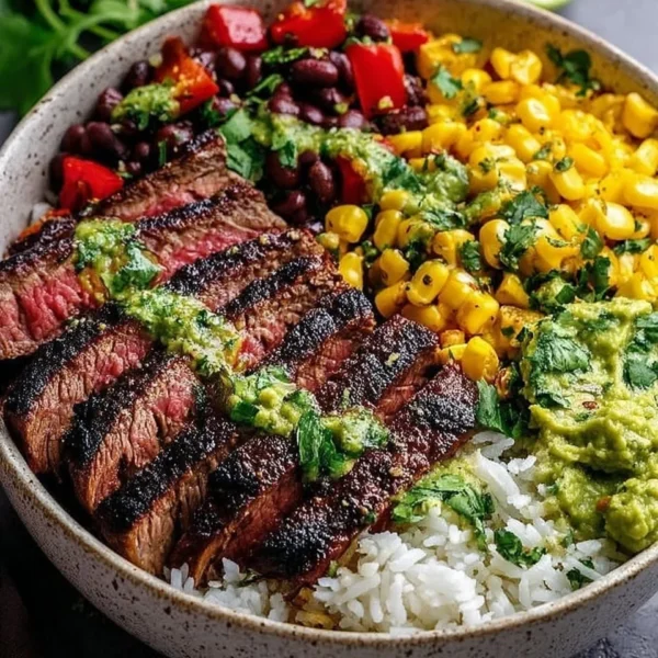 Cilantro lime steak bowls with fresh ingredients and garnishes