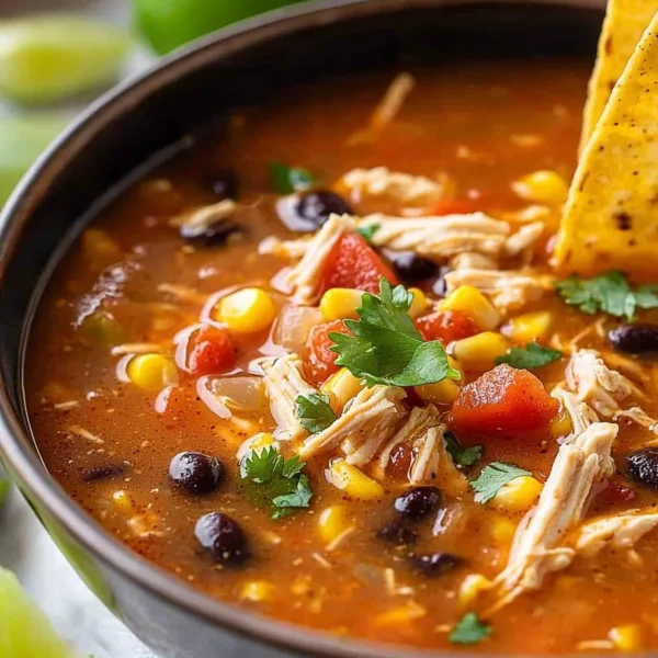 Bowl of Classic Chicken Tortilla Soup garnished with tortilla strips and avocado