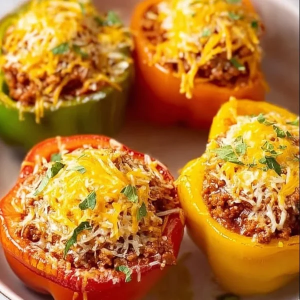 Classic stuffed peppers with rice, ground beef, and melted cheese