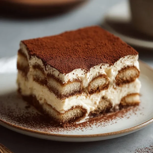 Classic Tiramisu dessert with coffee, mascarpone, and cocoa powder layers.