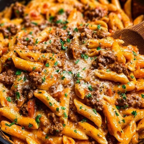 A creamy beef pasta dish served in a bowl, garnished with herbs.