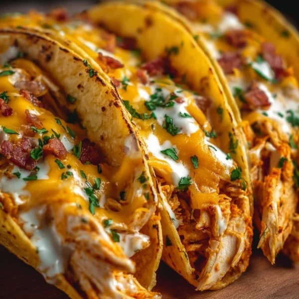 Creamy cheddar ranch chicken tacos served with toppings in a tortilla
