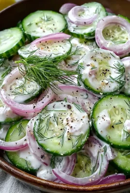A bowl of creamy cucumber salad on a table, garnished with herbs.