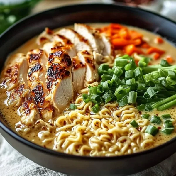 Creamy Garlic Chicken Ramen served in a bowl with fresh herbs and toppings