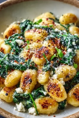 Creamy gnocchi dish with spinach and feta cheese garnished on a plate
