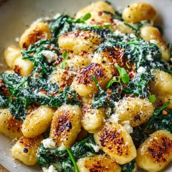 Creamy gnocchi dish with spinach and feta cheese garnished on a plate