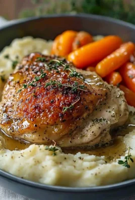 Creamy herb chicken with mashed potatoes and honey glazed carrots on a plate