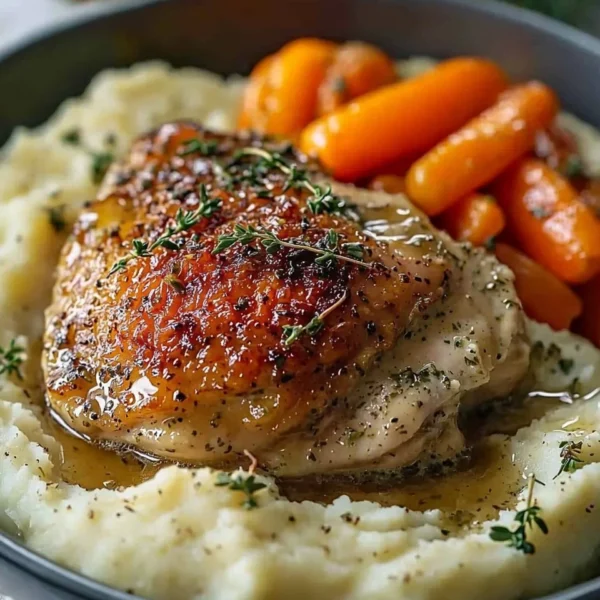 Creamy herb chicken with mashed potatoes and honey glazed carrots on a plate