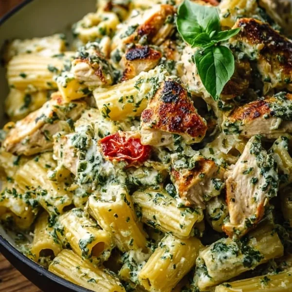 Creamy pesto chicken pasta with chicken, pasta, and fresh basil