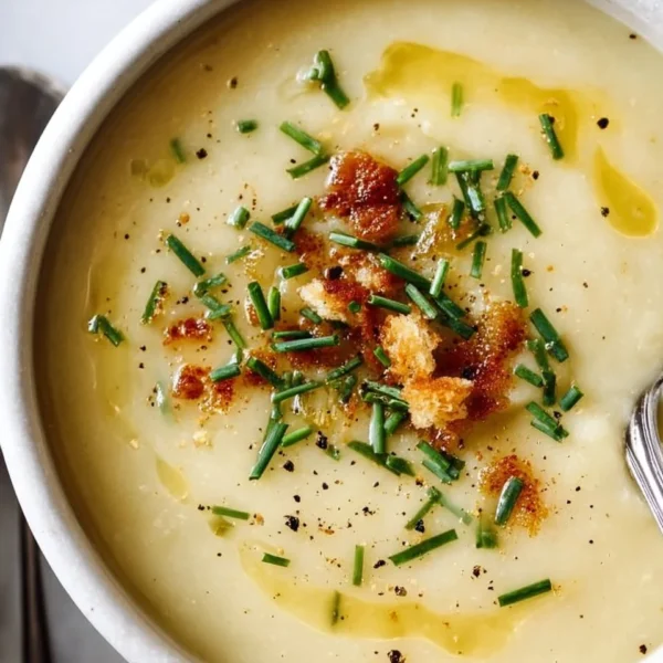 Bowl of creamy potato leek soup garnished with fresh herbs