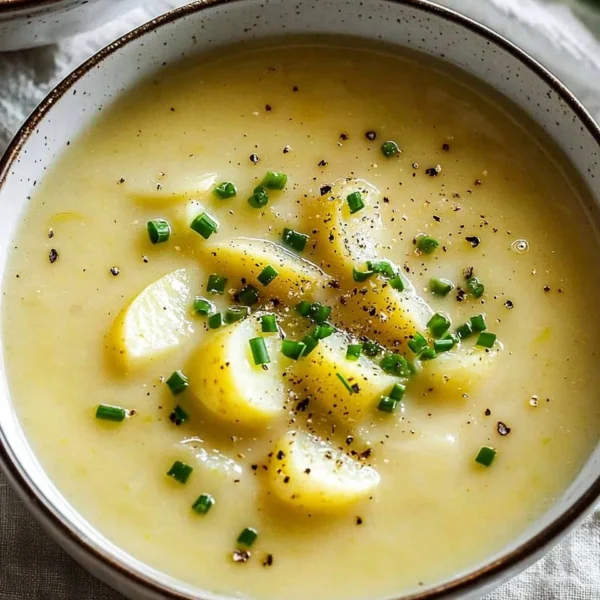 A bowl of creamy potato leek soup garnished with fresh herbs.