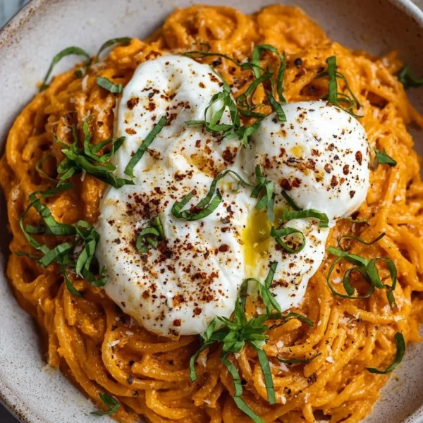Creamy red pepper pasta topped with fresh burrata and herbs