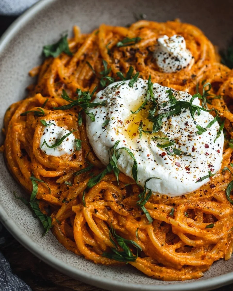 Creamy Red Pepper Pasta with Burrata and Herbs