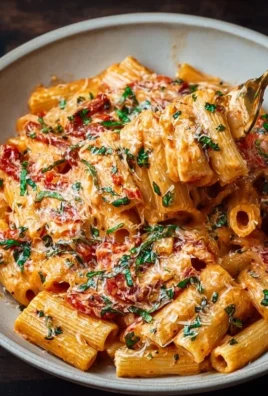 Plate of creamy tomato garlic pasta garnished with fresh basil.