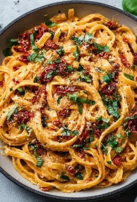 Creamy vegan sun-dried tomato pasta dish on a plate