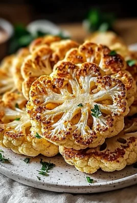Crispy baked cauliflower steaks served on a plate with herbs