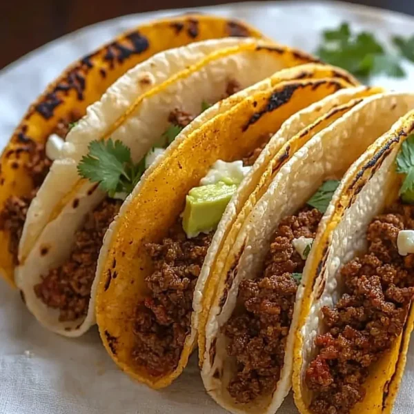 Crispy ground beef tacos topped with fresh ingredients and served on a plate.