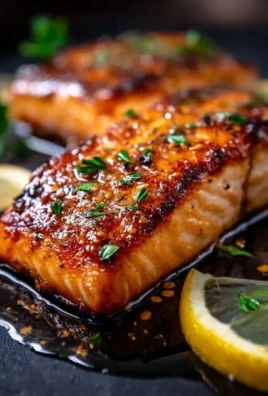 Crispy honey garlic glazed salmon on a plate garnished with herbs