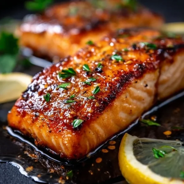 Crispy honey garlic glazed salmon on a plate garnished with herbs