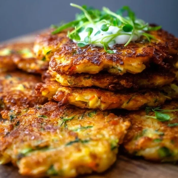Delicious crispy vegetable fritters served with dipping sauce.
