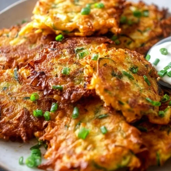 Crispy vegetable fritters served on a plate, garnished with herbs.
