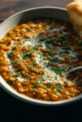 Bowl of flavorful Curry Lentil Soup topped with fresh herbs and spices