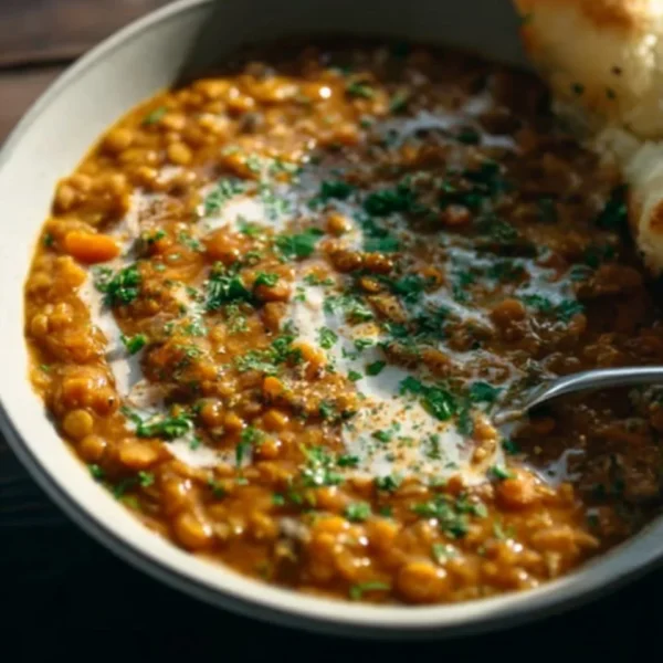 Bowl of flavorful Curry Lentil Soup topped with fresh herbs and spices