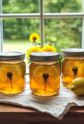 Jar of homemade dandelion jelly on a wooden table