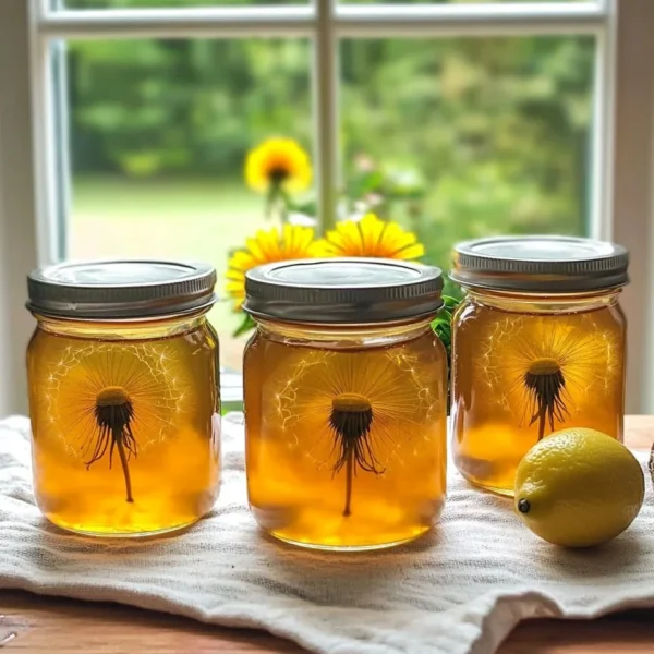 Jar of homemade dandelion jelly on a wooden table