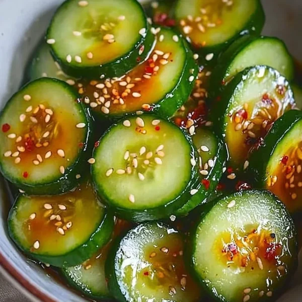 Bowl of Easy Asian Cucumber Salad with sliced cucumbers and sesame seeds