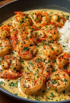Delicious easy creamy garlic shrimp served with pasta and garnished with parsley.