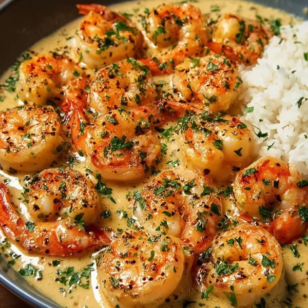 Delicious easy creamy garlic shrimp served with pasta and garnished with parsley.